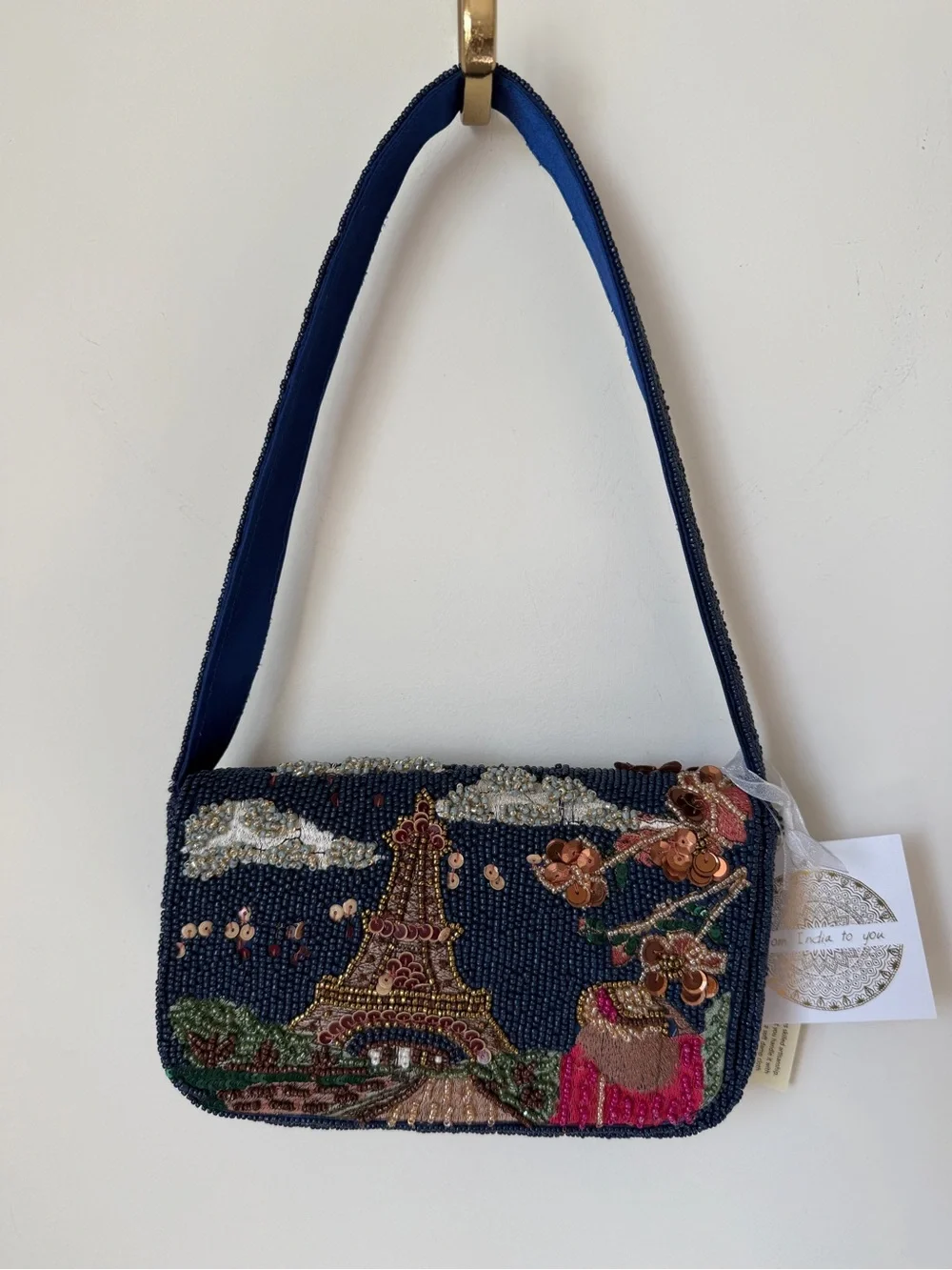Beaded blue Paris Eiffel Tower shoulder bag